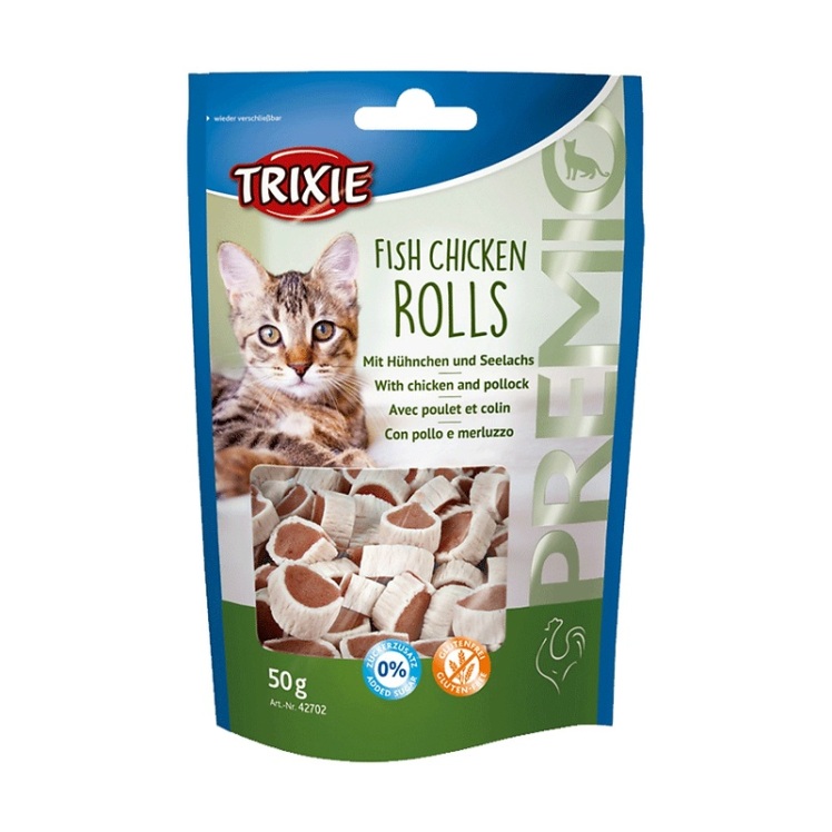 تصویر محتویات تشویقی گربه تریکسی با طعم مرغ و ماهی Trixie Fish Chicken Rolls وزن 50 گرم