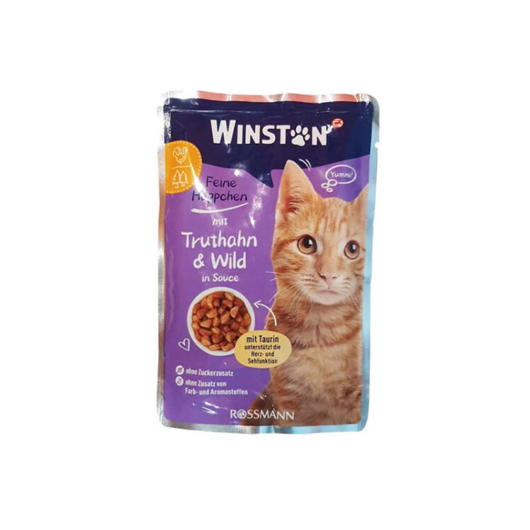 تصویر پوچ گربه وینستون با طعم گوشت شکار و بوقلمون در سس Winston Game & Turkey In Sauce وزن 100 گرم
