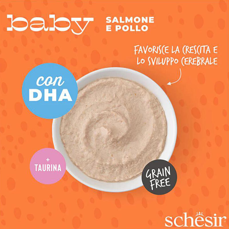  عکس محتویات پوچ بچه گربه شسیر با طعم مرغ و سالمون Schesir Baby Mousse Chicken & Salmon وزن 70 گرم 