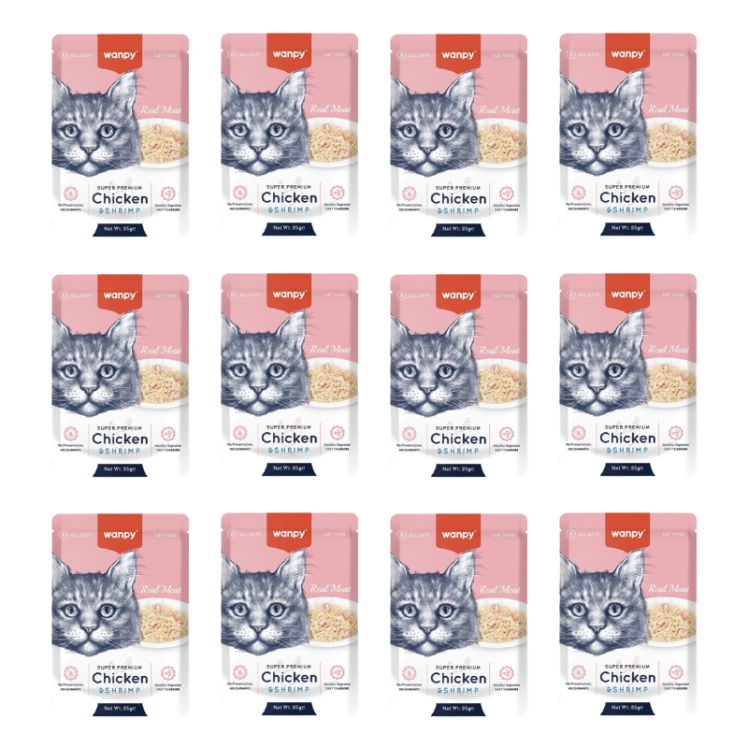 تصویر پوچ گربه سوپر پریمیوم ونپی با طعم مرغ و میگو Wanpy Super Premium Chicken & Shrimp وزن 85 گرم از نمای رو یه رو 
