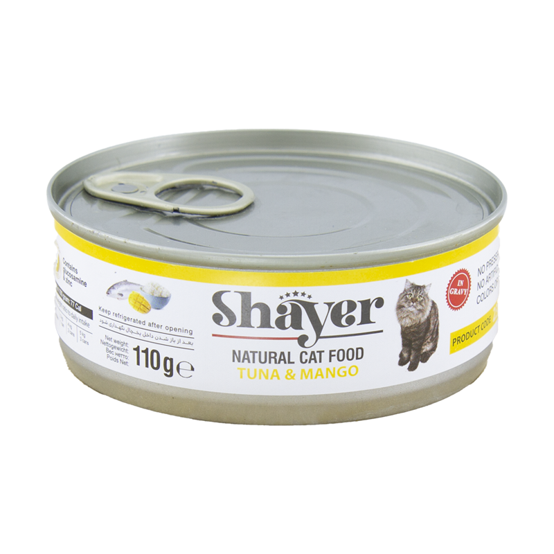  تصویر کنسرو غذای گربه شایر با طعم ماهی تن و انبه در سس Shayer Natural With Tuna & Mango in Sauce وزن 110 گرم از نمای پشت 