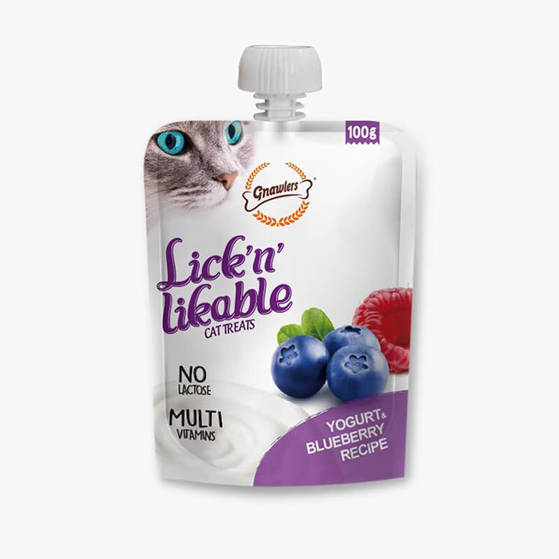  عکس پودینگ گربه گناولرز با طعم بلوبری و ماست بدون لاکتوز Gnawlers Lickable Cat Treat With Yogurt & Blueberry وزن 100 گرم 