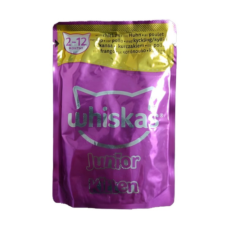تصویر پوچ بچه گربه ویسکاس با طعم گوشت مرغ در ژله Whiskas Junior With Chicken in Jelly وزن 85 گرم