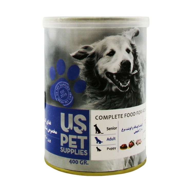 تصویر پشت کنسرو غذای سگ یو اس پت با طعم گوشت گوساله و مرغ UsPet Canned Food With Chicken & Veal وزن 400 گرم