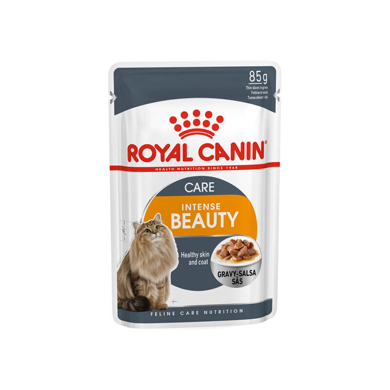  تصویر پوچ گربه رویال کنین مناسب پوست و مو در سس گوشت Royal Canin Intense Beauty in Gravy وزن 85 گرم 