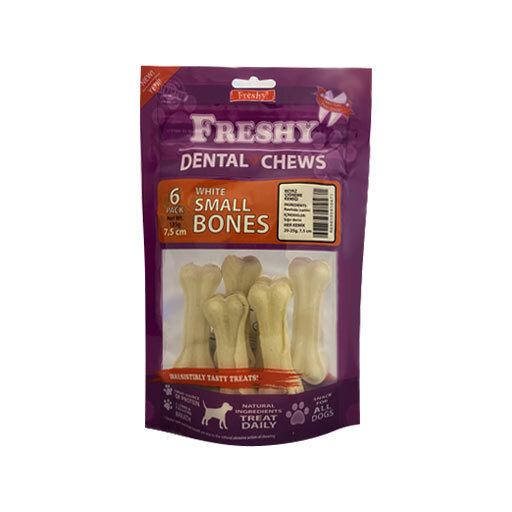 عکس بسته بندی استخوان تشویقی دنتال سگ فرشی Freshy Dental White Small Bones بسته 6 عددی