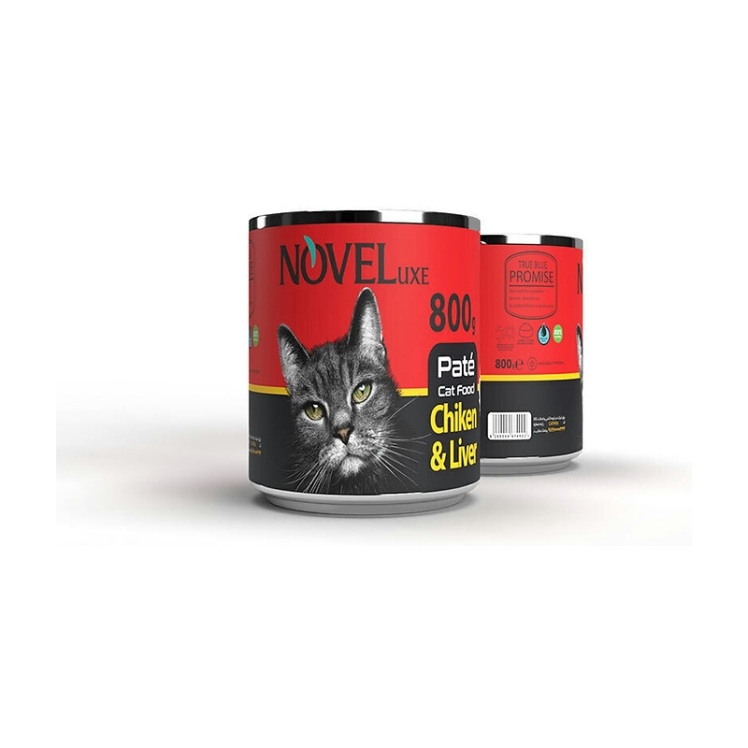 عکس بسته بندی قدیمی کنسرو پته گربه نوول با طعم مرغ و جگر Novel Pate With Chicken and Liver وزن 800 گرم