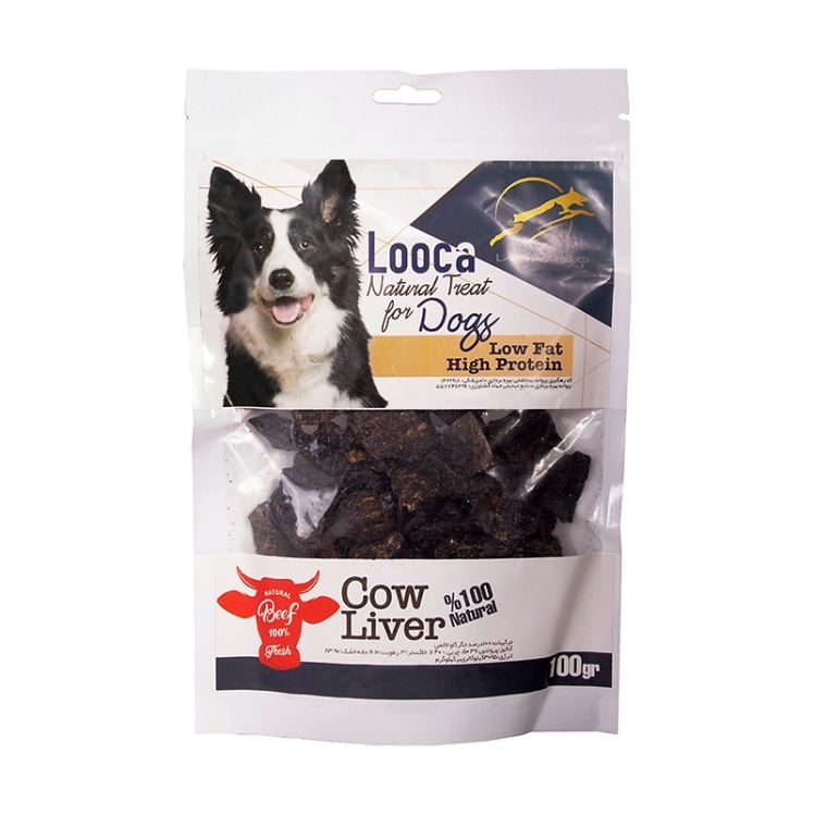 عکس جزییات بسته بندی تشویقی سگ لوکا مدل Cow Liver وزن 100 گرم