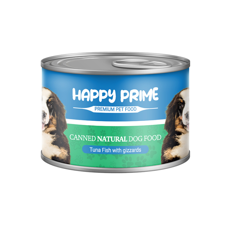 تصویر کنسرو نچرال سگ هپی پرایم با طعم ماهی تن و سنگدان وزن 400 گرم از نمای رو به رو