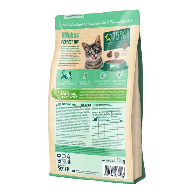  تصویر پشت بسته بندی غذای خشک گربه هپی کت Minkas Mix وزن 4 کیلوگرم 
