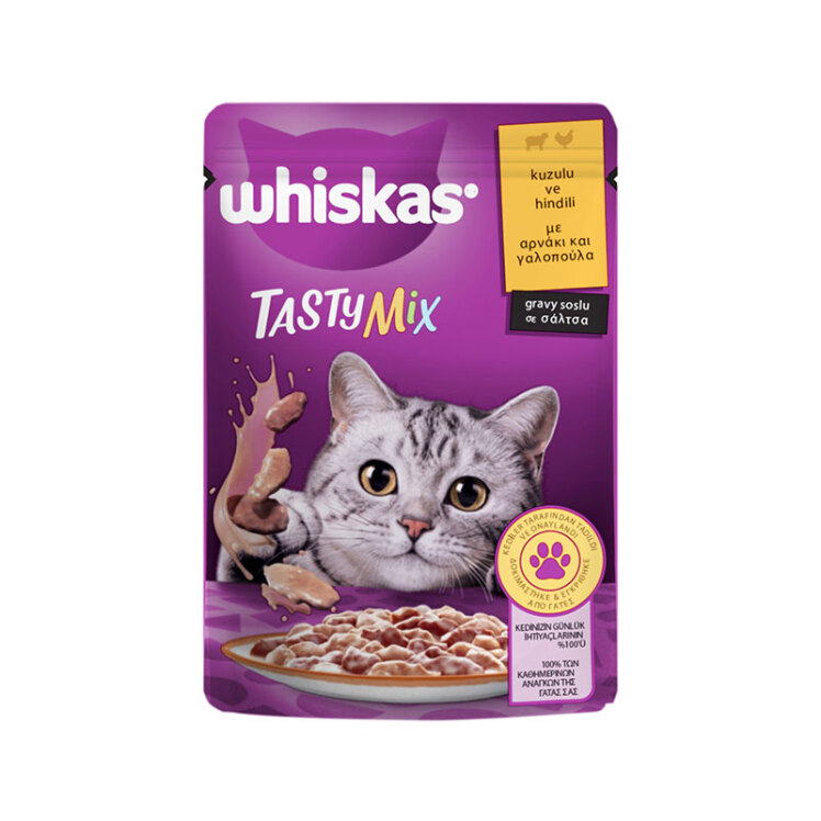 عکس پوچ گربه ویسکاس با طعم میکس بره و بوقلمون در سس Whiskas Tasty Mix With Lamb & Turkey in Gravy وزن 85 گرم از نمای پشت
