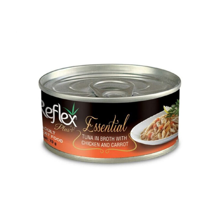 عکس بسته بندی کنسرو گربه رفلکس پلاس با طعم تن ماهی در آب گوشت، مرغ و هویج وزن 70 گرم
