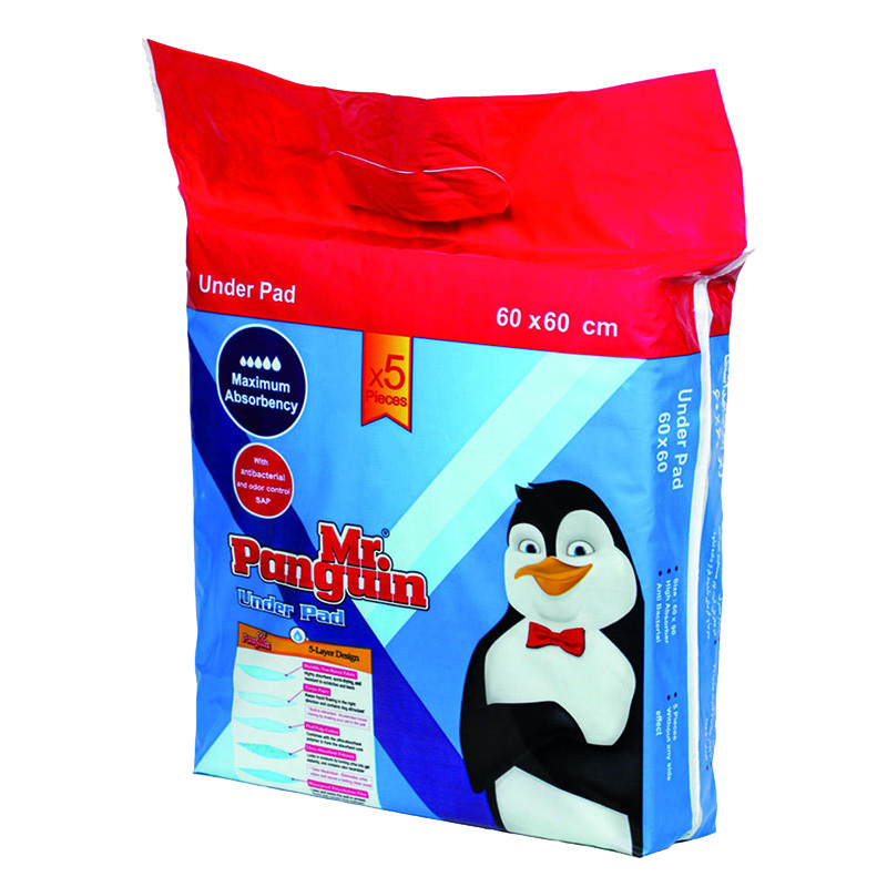  عکس بسته بندی زیرانداز بهداشتی مستر پنگوئین سایز 60*60 بسته 5 عددی 