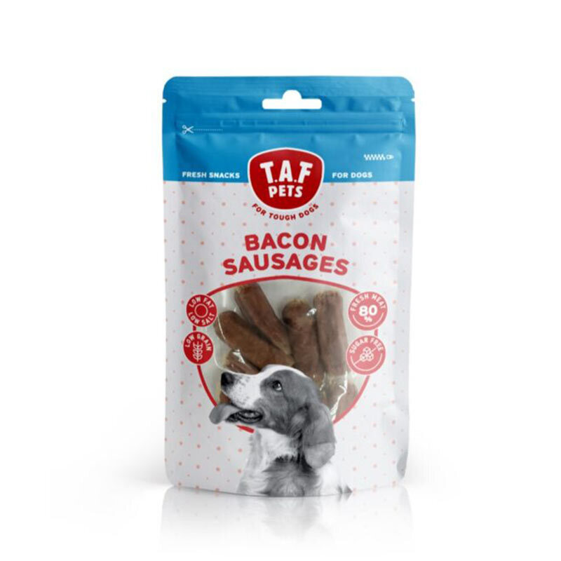  عکس تشویقی سوسیسی سگ تاف پتز با طعم بیکن T.A.F. Pets Bacon Sausages وزن 75 گرم 