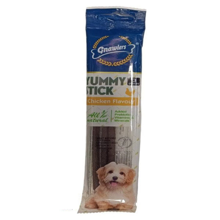 عکس بسته تشویقی مدادی سگ گناولرز حاوی پروتئین سویا با طعم مرغ Gnawlers Yummy Stick Chicken Flavour Dog Treat بسته 3 عدد