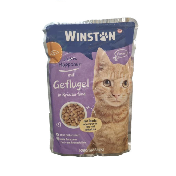 تصویر پوچ گربه وینستون با طعم مرغ در سس سبزیجات Winston Chicken In Herbal Sauce وزن 100 گرم