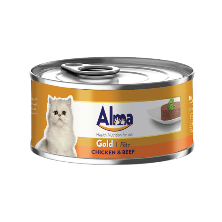 عکس بسته بندی کنسرو غذای گربه آلما مدل Gold Chicken & Beef وزن 120 گرم