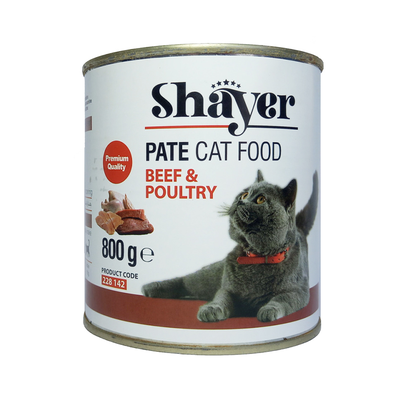  تصویر کنسرو غذای گربه شایر با طعم گوشت گاو و پرندگان Shayer Premium With Beef & Poultry وزن 800 گرم از نمای رو به رو 