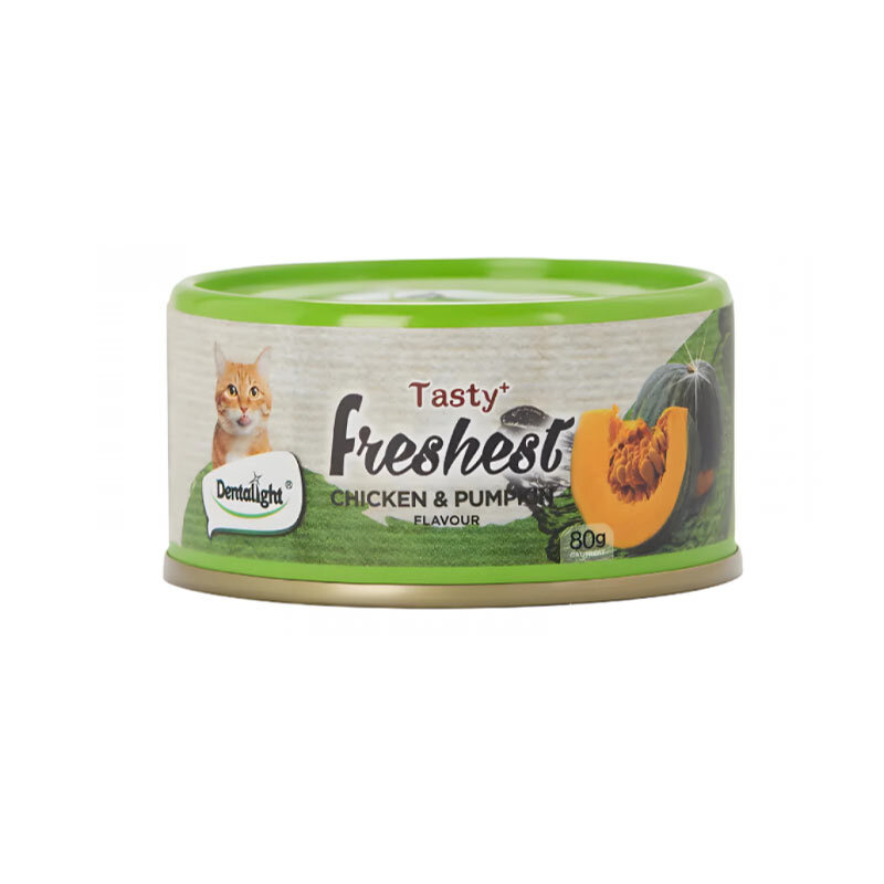  تصویر 1 کنسرو گربه دنتالایت با طعم مرغ و کدو حلوایی Dentalight Cat Food With Chicken And Pumpkin وزن 80 گرم 