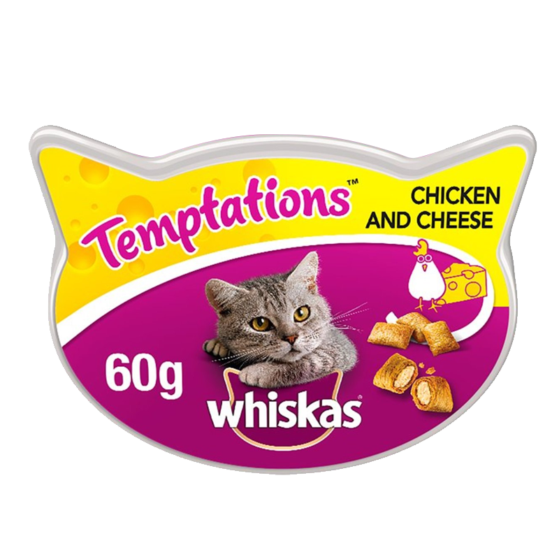  عکس بسته بندی اول تشویقی گربه ویسکاس مدل Temptation Chicken & Cheese وزن 60 گرم 