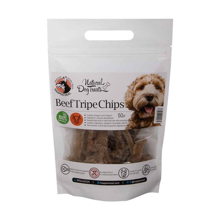 عکس پشت بسته بندی تشویقی سگ هاپومیل مدل Beef Tripe Chips وزن 50 گرم