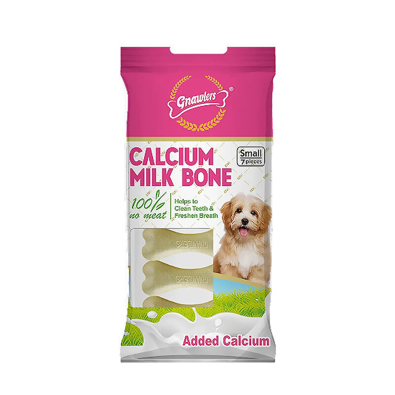  عکس بسته‌بندی تشویقی استخوان کلسیمی سگ گناولرز حاوی پروتئین گندم و پنیر Gnawlers Calcium Milk Bone Dog Treat بسته 7 عددی 