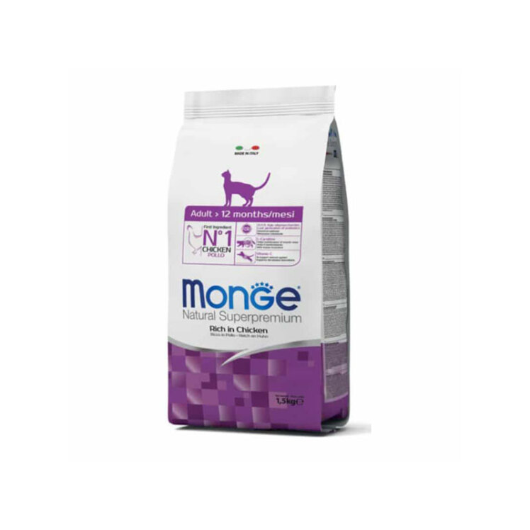 تصویر غذای گربه بالغ مونژ با طعم مرغ Monge Adult Cat Food With Chicken وزن 1.5 کیلوگرم