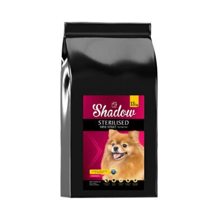 عکس پشت بستهبندی غذای خشک سگ بالغ عقیم شده نژاد کوچک شدو Shadow Sterilised Mini Adult وزن 13 کیلوگرم