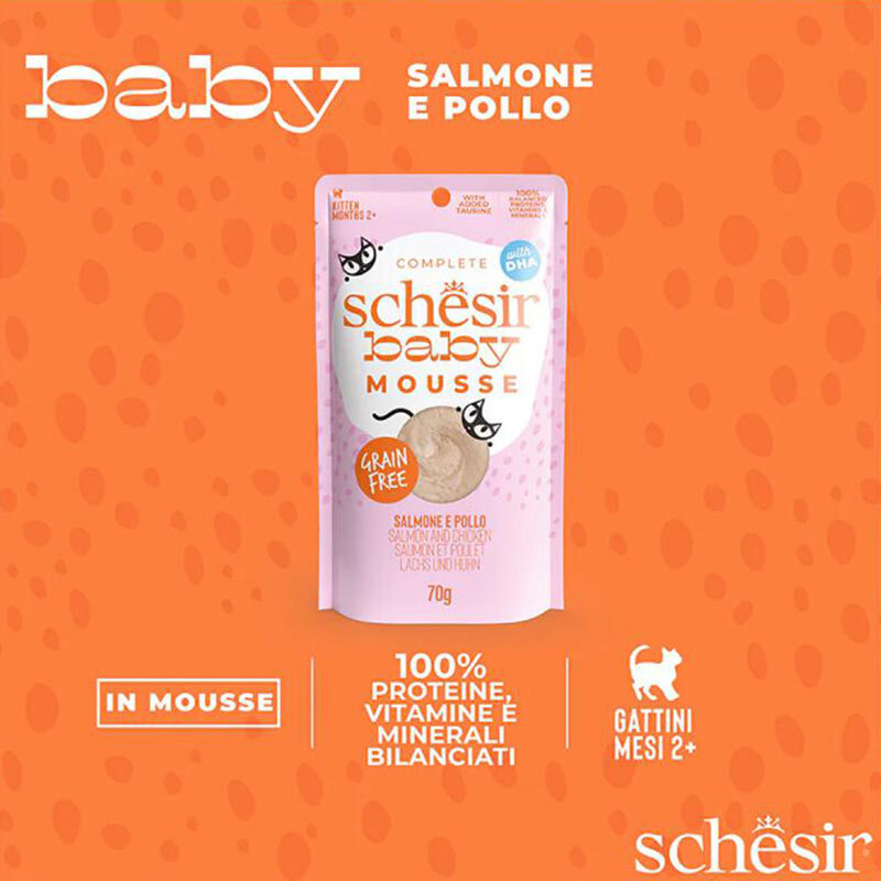  عکس ویژگی‌های پوچ بچه گربه شسیر با طعم مرغ و سالمون Schesir Baby Mousse Chicken & Salmon وزن 70 گرم 