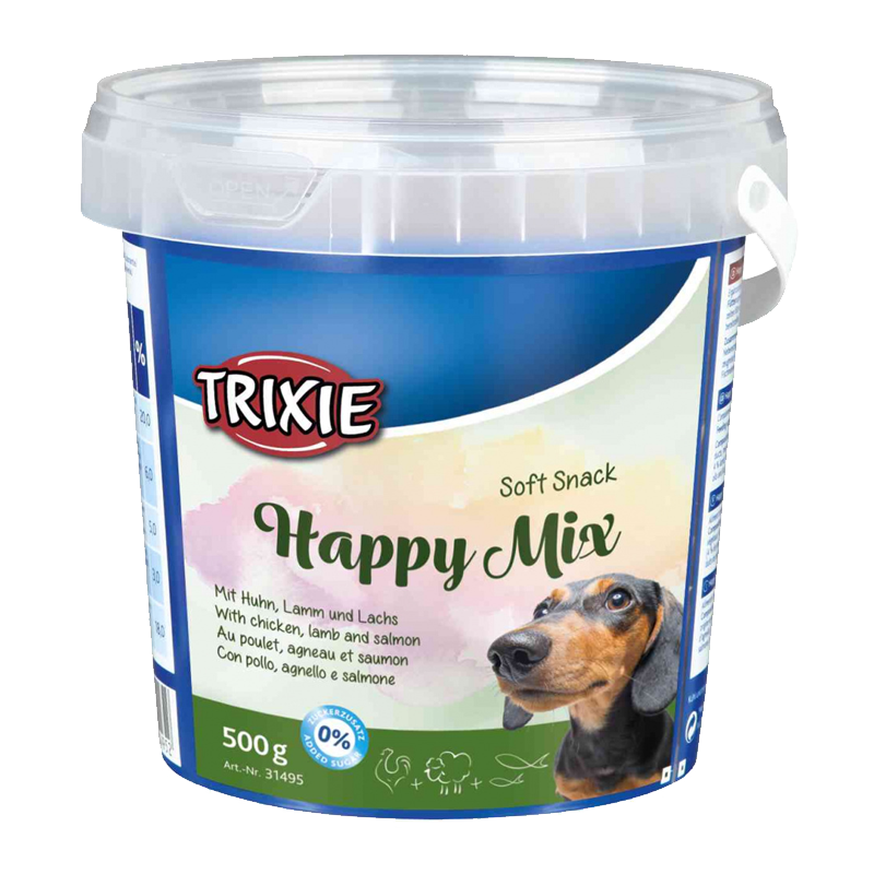  عکس بسته بندی تشویقی سگ تریکسی مدل Happy Mix با طعم مخلوط وزن 500 گرم 