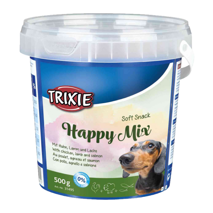 عکس بسته بندی تشویقی سگ تریکسی مدل Happy Mix با طعم مخلوط وزن 500 گرم