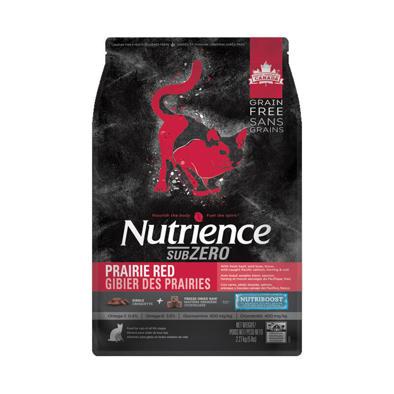  تصویر بسته بندی غذای خشک گربه نوترینس با طعم گوشت Nutrience Subzero Prairie Red وزن 2.27 کیلوگرم از رو به رو 