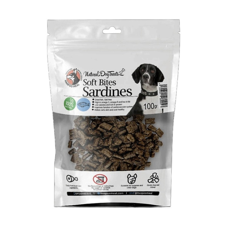 تصویر محتویات تشویقی سگ هاپومیل مدل Sardine Soft Bites وزن 100 گرم