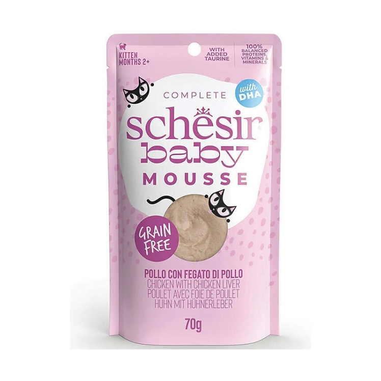عکس بسته‌بندی پوچ بچه گربه شسیر Schesir Baby Mousse With Chicken and Chicken Liver وزن 70 گرم از نمای پشت