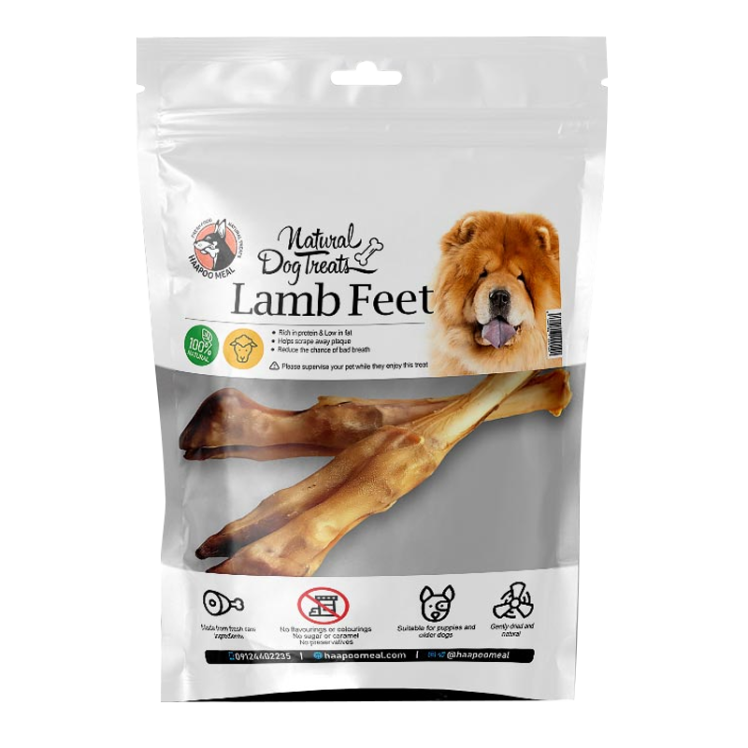 عکس بسته بندی تشویقی سگ هاپومیل مدل Lamb Feet وزن 150 گرم