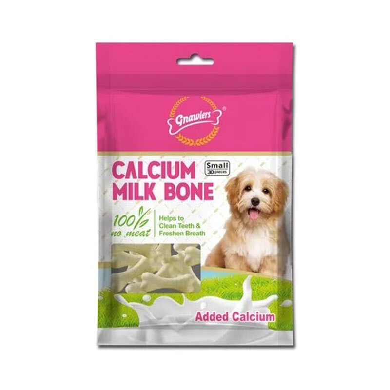  عکس بسته‌بندی تشویقی استخوان کلسیمی سگ گناولرز حاوی پروتئین گندم و پنیر Gnawlers Calcium Milk Bone Dog Treat بسته 30 عدد 