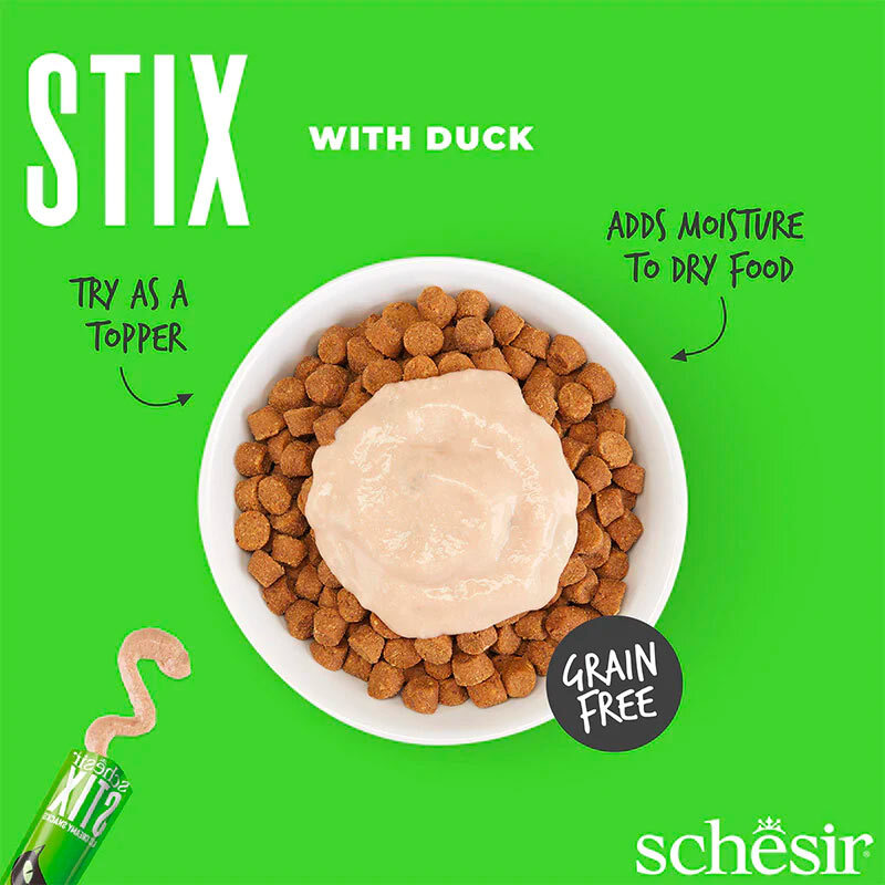  تصویر محتویات بستنی گربه شسیر با طعم اردک Schesir Stix Duck Flavour Cream Snacks بسته 6 عددی 
