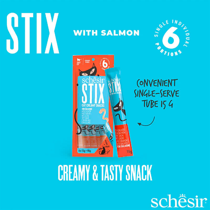  تصویر بسته بندی بستنی گربه شسیر با طعم ماهی سالمون Schesir Stix Salmon Flavour Cream Snacks بسته 6 عددی 