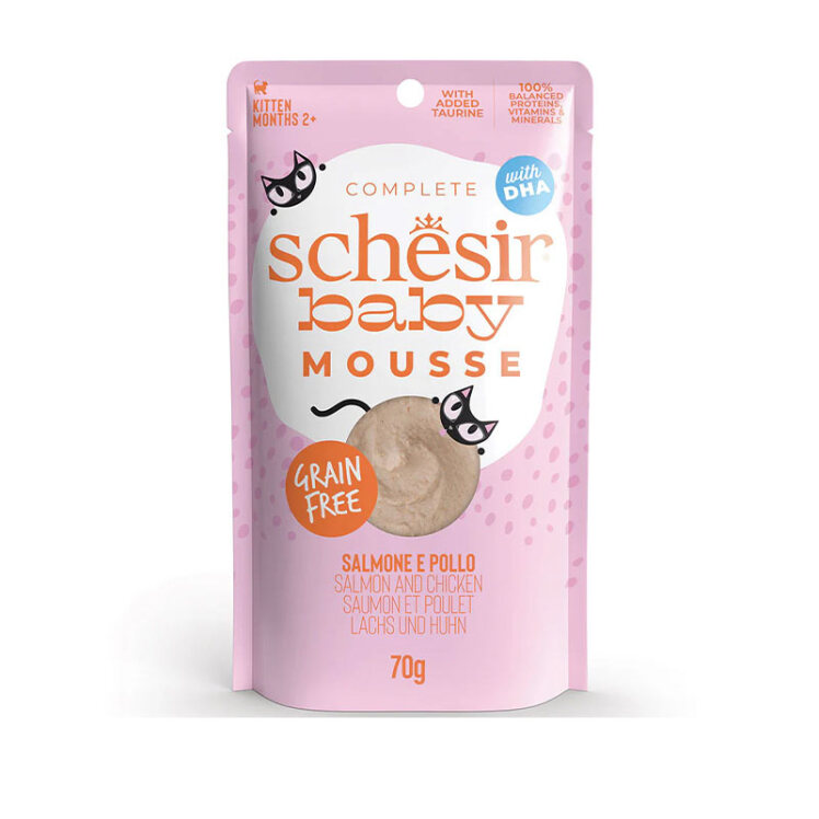 عکس بستهبندی پوچ بچه گربه شسیر با طعم مرغ و سالمون Schesir Baby Mousse Chicken & Salmon وزن 70 گرم