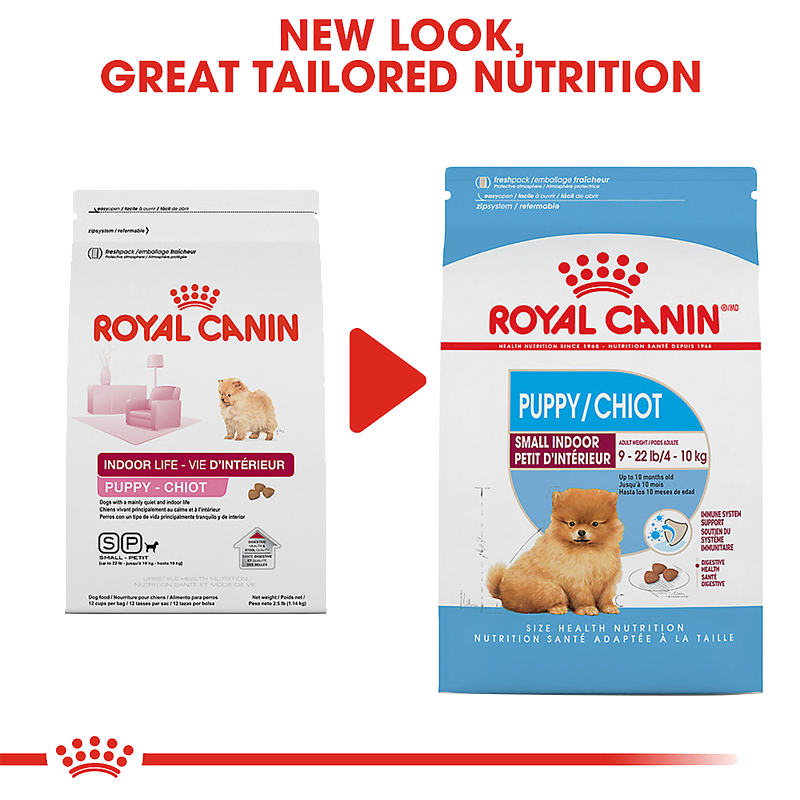  عکس تغییر بسته بندی غذای خشک توله سگ رویال کنین مدل Small Indoor Puppy/Chiot وزن ۱.۵ کیلوگرم 