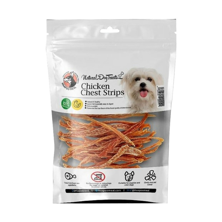 عکس محصول تشویقی سگ هاپومیل مدل Chicken Chest Strips وزن 50 گرم