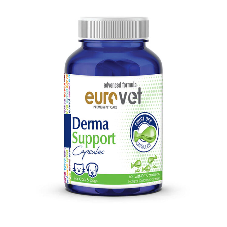 عکس بسته‌بندی قرص تقویت و کاهش ریزش مو حیوانات یورووت Eurovet Derma Support بسته 60 عددی