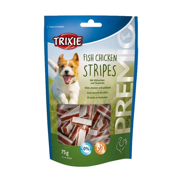 عکس محصول تشویقی سگ تریکسی با طعم مرغ و ماهی Trixie Fish Chicken Stripes وزن 75 گرم