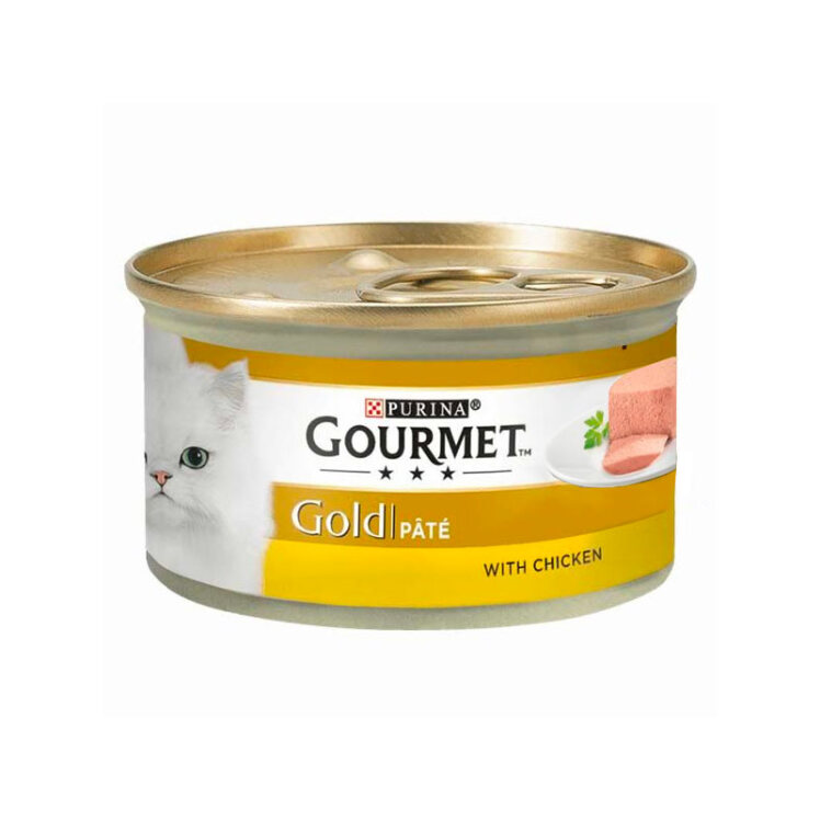 تصویر کنسرو غذای گربه گورمت با طعم مرغ Gourmet Gold Pate with Chicken وزن ۸۵ گرم از نمای رو به رو