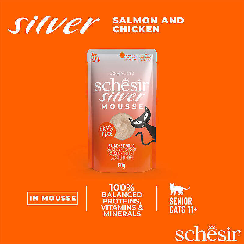  عکس توضیحات پوچ گربه سیلور شسیر با طعم ماهی سالمون و مرغ Schesir Silver Mousse Chicken & Salmon وزن 80 گرم 