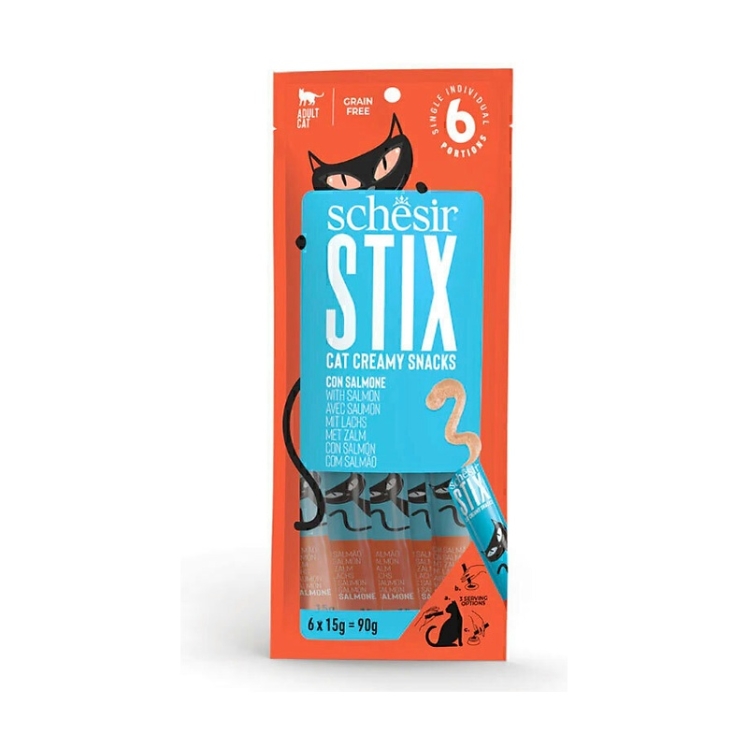 تصویر بستنی گربه شسیر با طعم ماهی سالمون Schesir Stix Salmon Flavour Cream Snacks بسته 6 عددی از نمای پشت