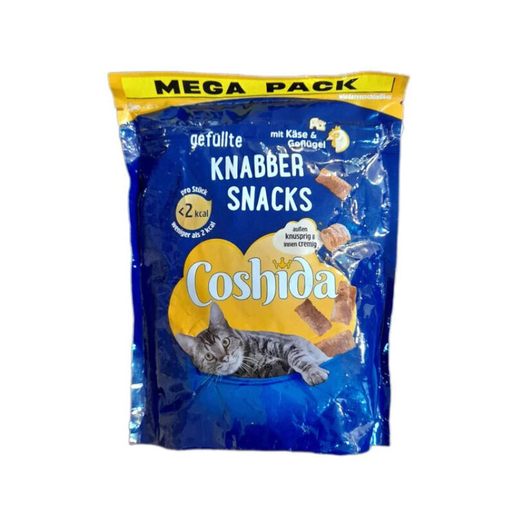 عکس تشویقی گربه کوشیدا مدل کرانچی مغزدار با طعم مرغ و پنیر Coshida Gefüllte Knabber Snacks Cheese & Chicken وزن 150 گرم