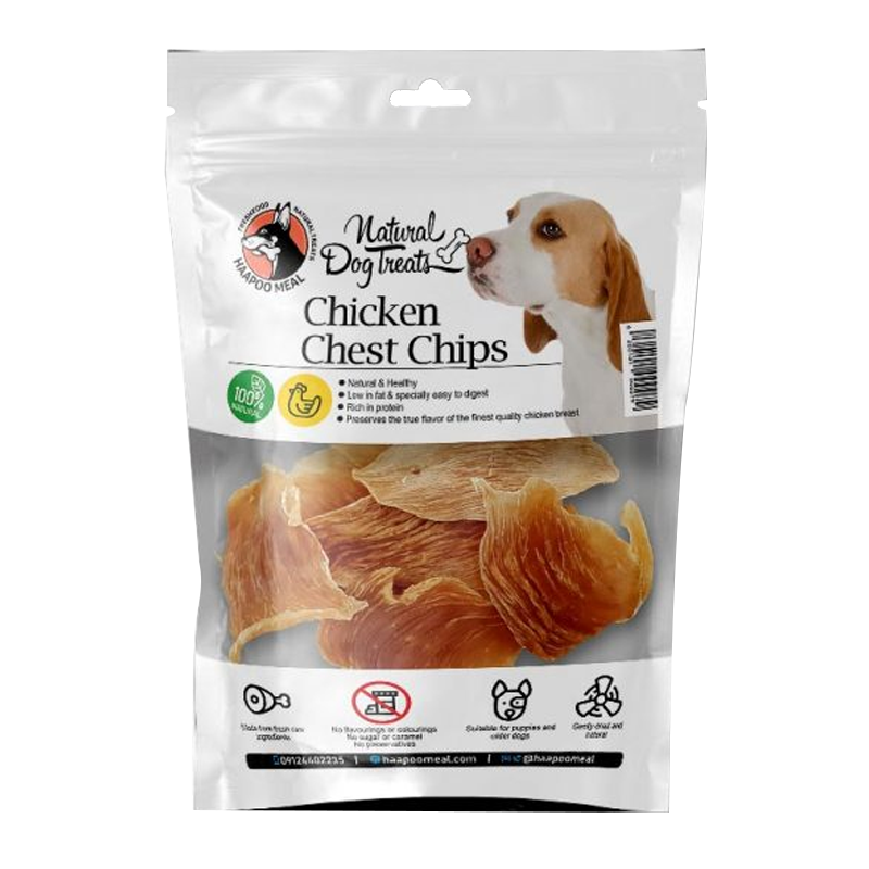  عکس بسته بندی تشویقی سگ هاپومیل مدل Chicken Chest Chips وزن 50 گرم 