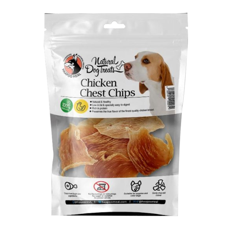 عکس بسته بندی تشویقی سگ هاپومیل مدل Chicken Chest Chips وزن 50 گرم