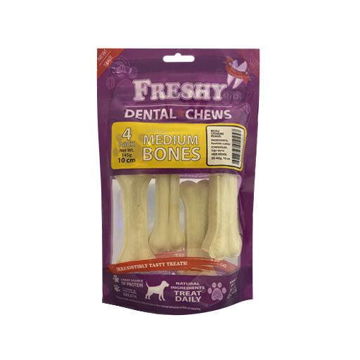 عکس بسته بندی استخوان تشویقی دنتال سگ فرشی Freshy Dental White Medium Bones بسته 4 عددی